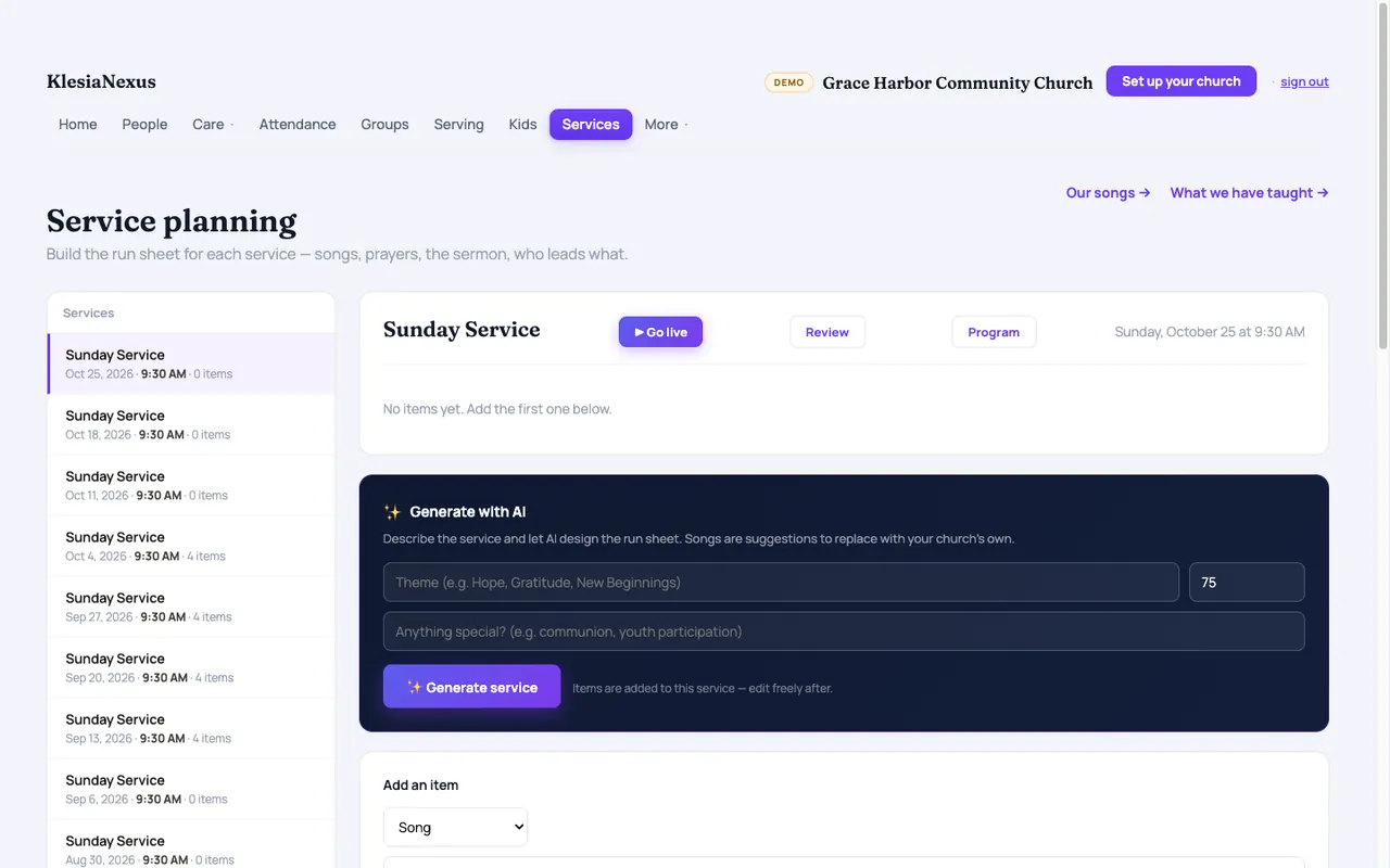 Service planning with an AI-drafted run sheet