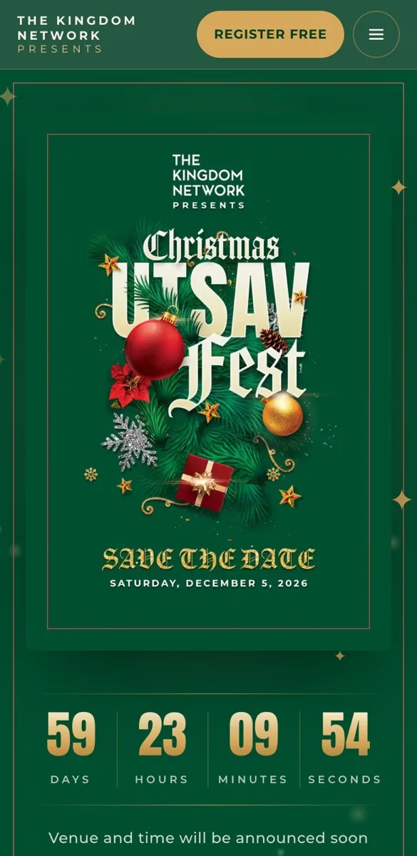 Christmas UTSAV Fest on a phone, with a Register free button and a live countdown